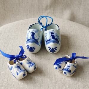 Vintage Mid Century Delft Blue Ceramic Dutch Clog Ornaments Set | Set of 3